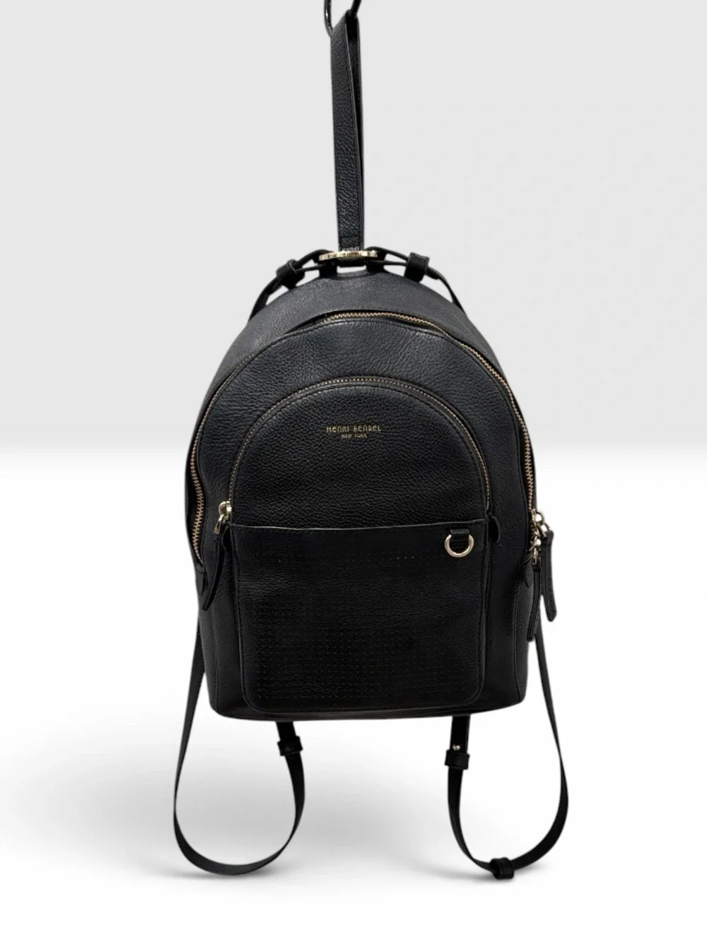 Henri Bendel Soho Backpack Black Pebbled Leather Gold D-Ring RARE